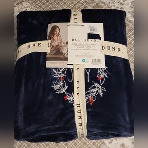 RAE DUNN Queen Size Plush Navy Blue Blanket JOY NEW